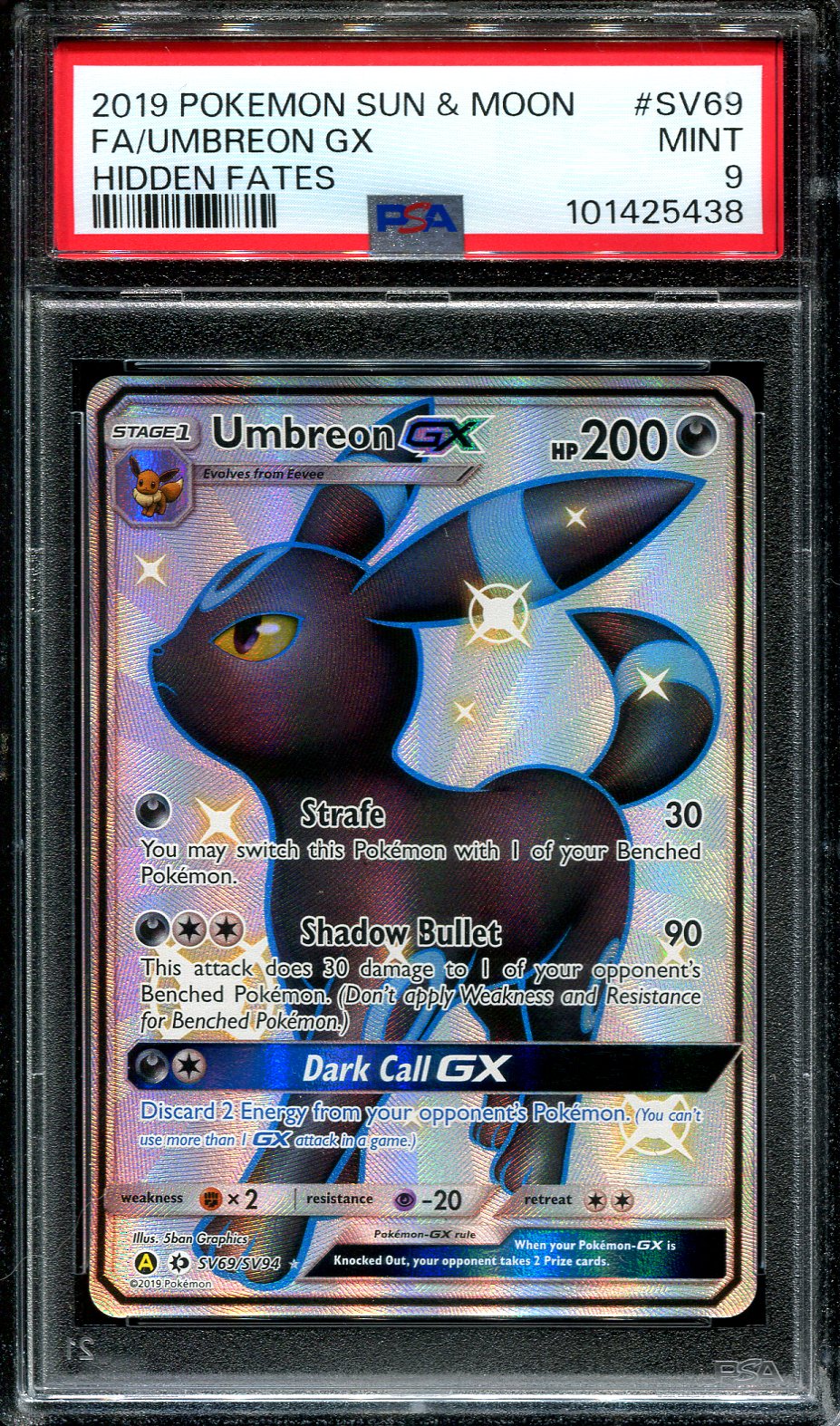 UMBREON GX SV69/SV94 PSA 9 POKEMON HIDDEN FATES SHINY FAULT