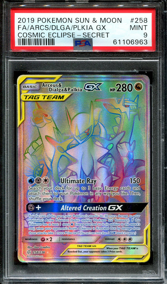 ARCEUS & DIALGA & PALKIA GX 258/236 PSA 9 POKEMON COSMIC ECLIPSE SECRET RARE