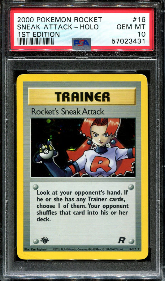 ROCKET'S SNEAK ATTACK 16/82 PSA 10 POKEMON TEAM ROCKET FIRST EDITION HOLO RARE