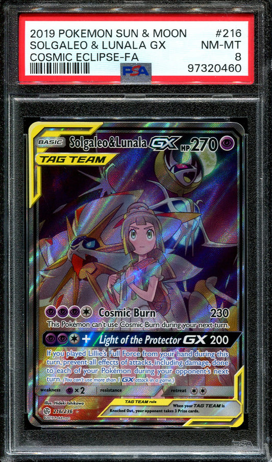 SOLGALEO & LUNALA GX 216/236 PSA 8 POKEMON COSMIC ECLIPSE ALTERNATE ART