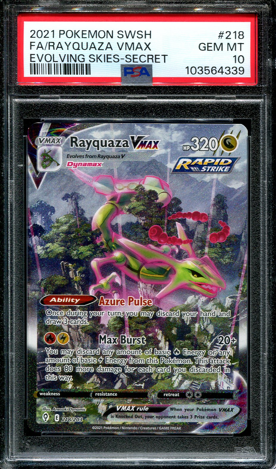 RAYQUAZA VMAX 218/203 POKEMON PSA 10 EVOLVING SKIES ALTERNATE ART