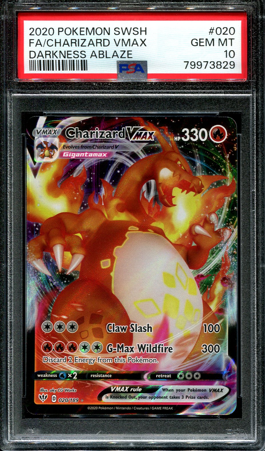 CHARIZARD VMAX 020/189 POKEMON PSA 10 DARKNESS ABLAZE FULL ART