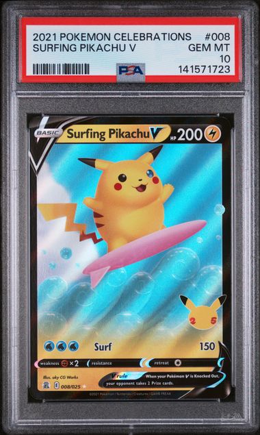 SURFING PIKACHU V 008/025 PSA 10 POKEMON CELEBRATIONS