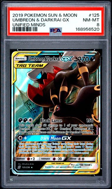 UMBREON & DARKRAI GX 125/236 PSA 8 POKEMON SUN & MOON UNIFIED MINDS