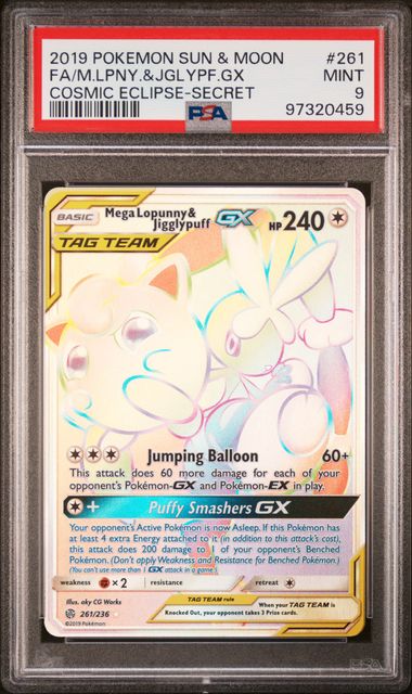 MEGA LOPUNNY & JIGGLYPUFF GX 261/236 PSA 9 POKEMON COSMIC ECLIPSE SECRET RARE