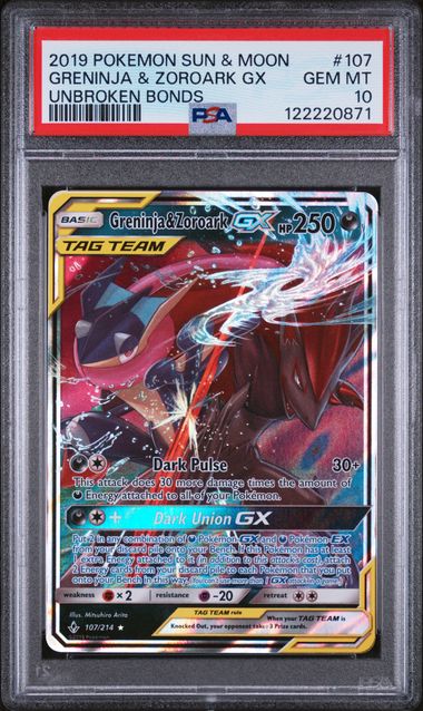 GRENINJA & ZOROARK GX 107/214 PSA 10 POKEMON UNBROKEN BONDS ULTRA RARE