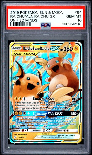 RAICHU & ALOLAN RAICHU GX 54/236 PSA 10 POKEMON UNIFIED MINDS ULTRA RARE