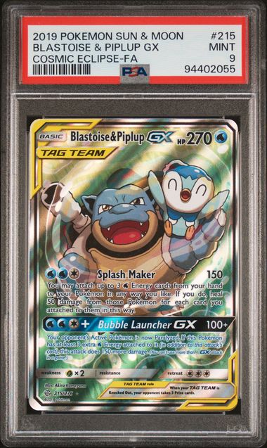 BLASTOISE & PIPLUP GX 215/236 PSA 9 POKEMON COSMIC ECLIPSE FULL ART