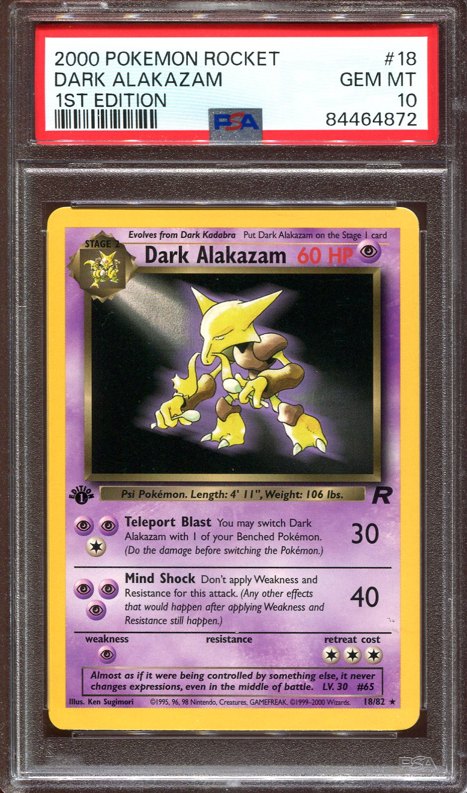 DARK ALAKAZAM 18/82 POKEMON PSA 10 TEAM ROCKET FIRST EDITION NON HOLO