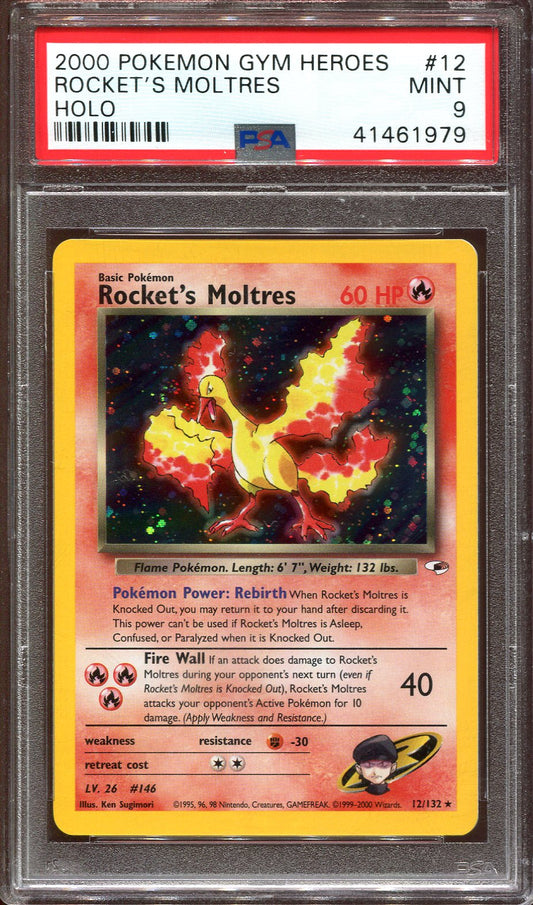 ROCKET'S MOLTRES 12/132 POKEMON PSA 9 GYM HEROES HOLO