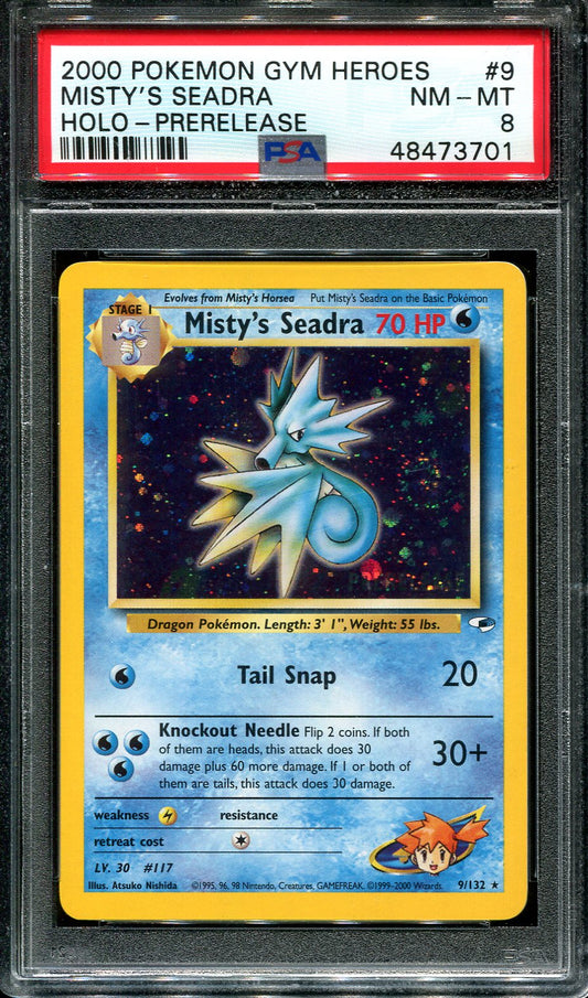 MISTY'S SEADRA 9/132 POKEMON PSA 8 PRERELEASE GYM HEROES HOLO