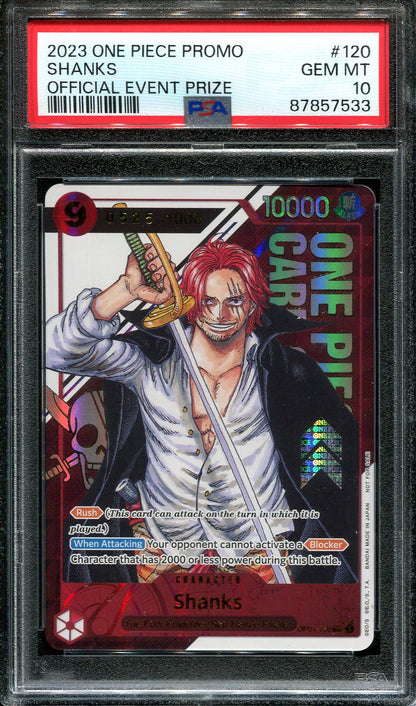 SHANKS OP01-120 ONE PIECE PSA 10 OFFICIAL EVENT PRIZE 2023