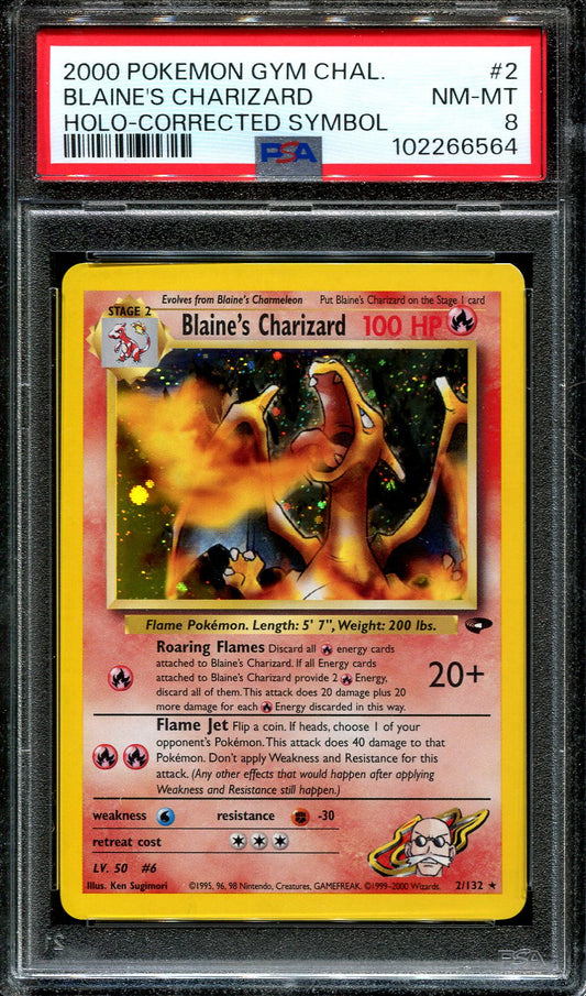 BLAINE'S CHARIZARD 2/132 POKEMON PSA 8 GYM CHALLENEGE HOLO CORRECTED SYMBOL