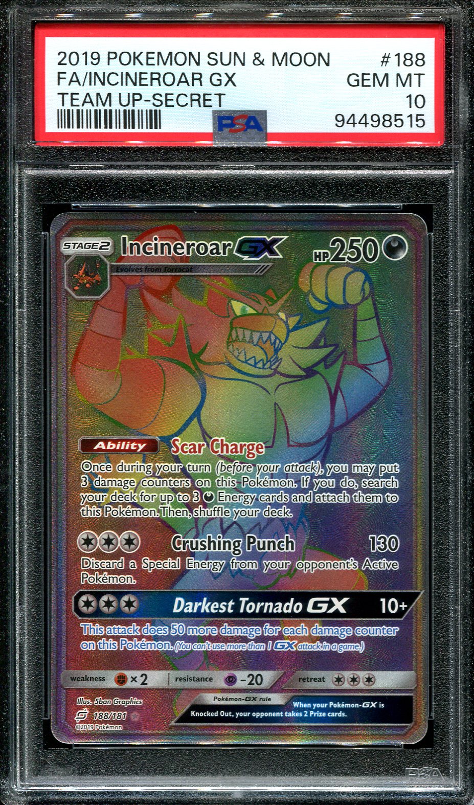 INCINEROAR GX 188/181 POKEMON PSA 10 TEAM UP SECRET RARE