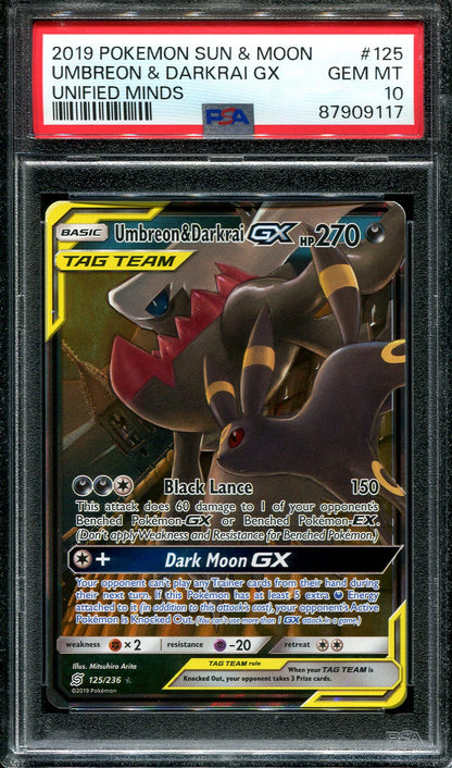 UMBREON & DARKRAI GX 125/236 POKEMON PSA 10 UNIFIED MINDS TAG TEAM