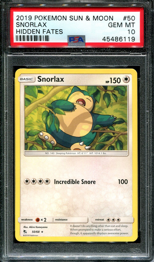 SNORLAX 50/68 POKEMON PSA 10 SUN & MOON HIDDEN FATES
