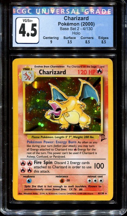 CHARIZARD 4/130 POKEMON CGC 4.5 BASE SET 2 HOLO