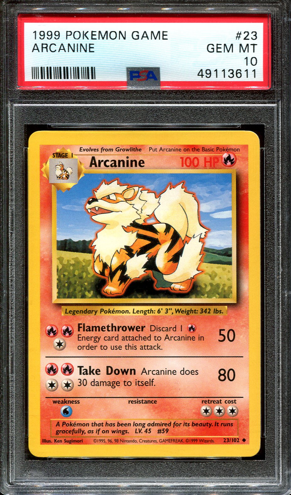 ARCANINE 23/102 POKEMON PSA 10 BASE SET NON HOLO