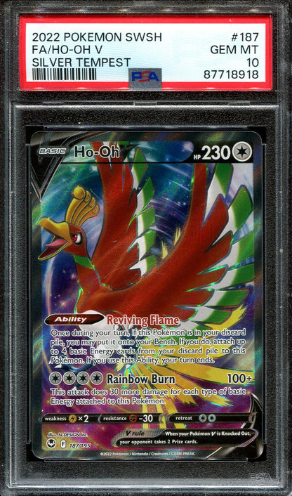 HO-OH V 187/195 POKEMON PSA 10 SILVER TEMPEST FULL ART