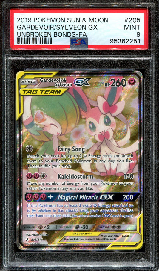 GARDEVOIR & SYLVEON GX 205/214 POKEMON PSA 9 UNBROKEN BONDS ALTERNATE ART