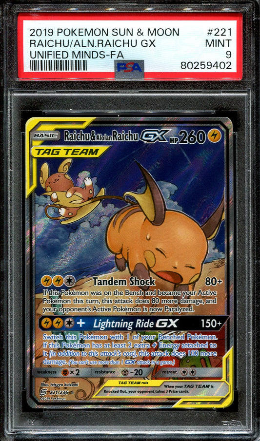 RAICHU & ALOLAN RAICHU GX 221/236 POKEMON PSA 9 UNIFIED MINDS ALTERNATE ART