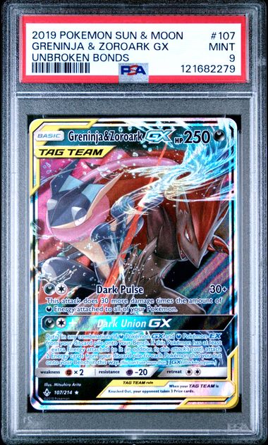 GRENINJA & ZOROARK GX 107/214 PSA 9 POKEMON SUN & MOON UNBROKEN BONDS